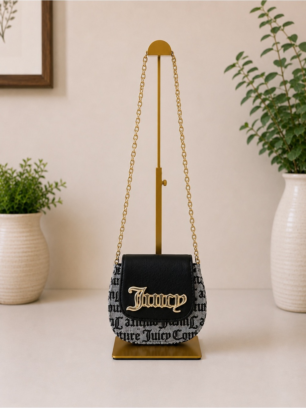 Juicy Couture Mini Crossbody Bag Black Gold Chain Checkerboard Logo Flap